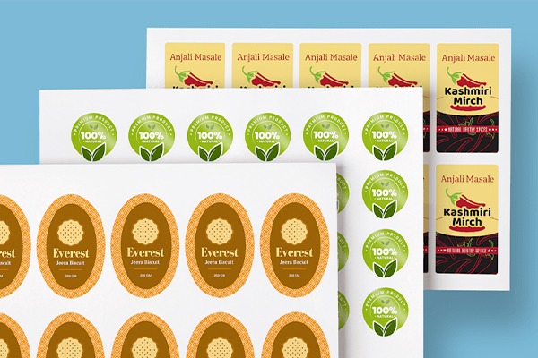 Premium stickers and labels produced by packaging manufacturing companies for food and retail packaging.
