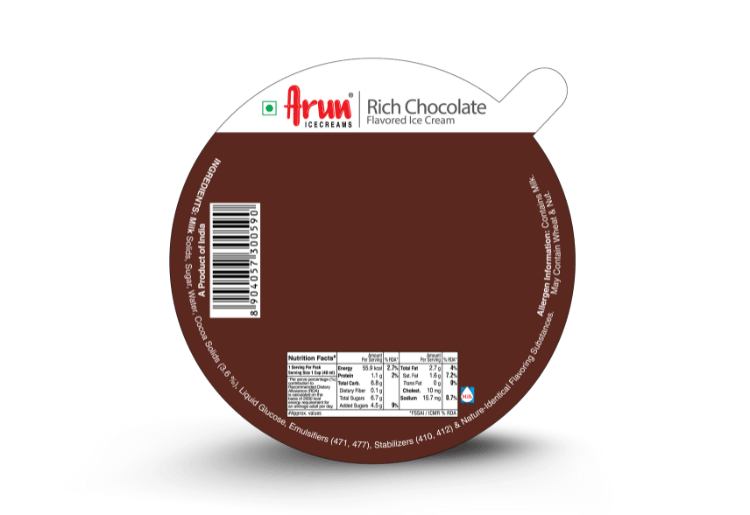 Rich chocolate ice cream cup lid label design by custom packaging manufacturers.