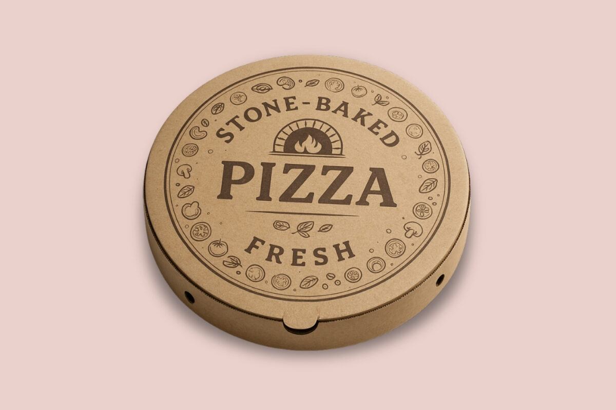 Printed pizza box made by cardboard box manufacturers for restaurant packaging.