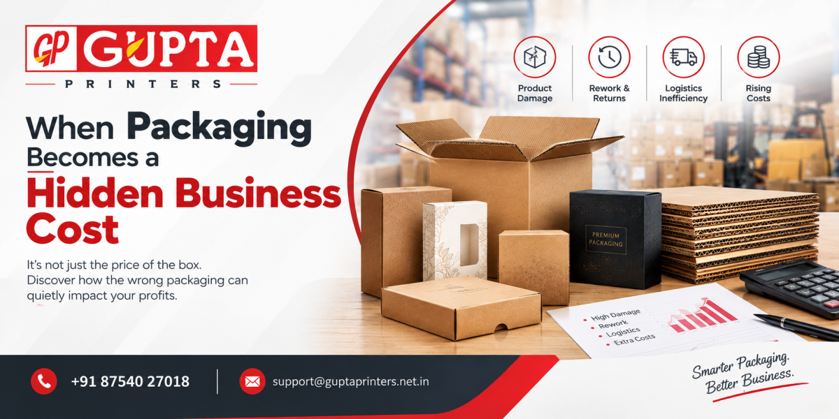 Packaging boxes, damaged cartons, and cost indicators showing how inefficient packaging can increase business expenses.
